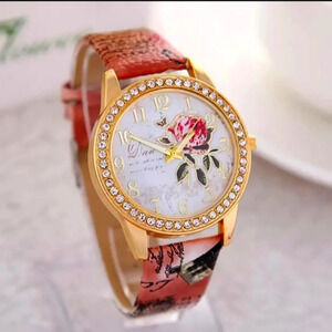 Rose Pattern Fashion Pointer Wrist Quartz Watch With Leather Strap..NWT..BROWN..